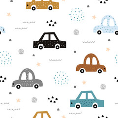 Vintage cars seamless pattern Hand drawn children background in cartoon style