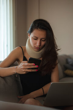 Portrait of a beautiful woman with injured neck