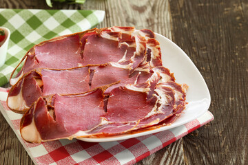 Sliced Turkish bacon, pastrami ( kayseri pastirma )