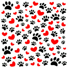 Black Dog Paw Prints And Red Hearts Pattern