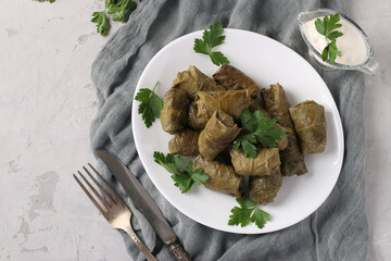 Dolma - stuffed grape leaves with rice and meat on a white plate on light gray background. Traditional Caucasian, Greek, Ottoman and Turkish cuisine, Closeup