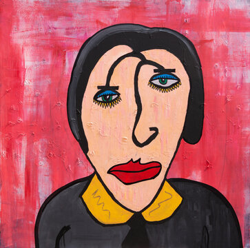 Square painting of a dull and serious woman
