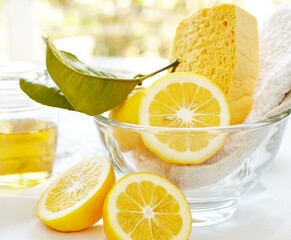 Natural homemade cleaning products with fresh lemon