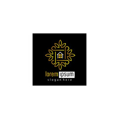 Black background floral outline logo emblem home decoration design, vector template