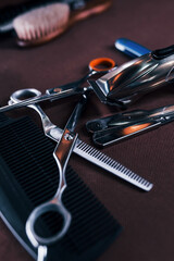 Fototapeta premium Close up view of vintage barber shop tools that lying down on the table