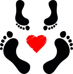foot prints and heart love on white background