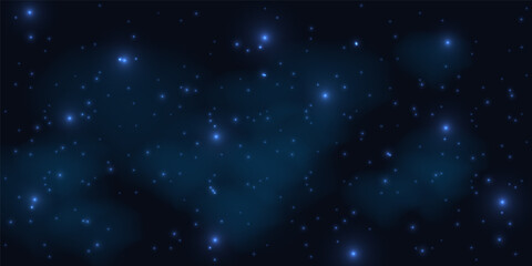 Night sky background with stars and clouds. Vector background with Milky Way. Blue space illustration with stars cosmic and clouds.