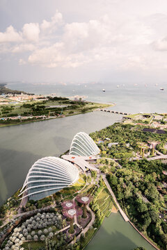 Singapore Gardens by the Bay and coastline, viewed from above