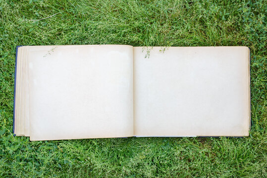 A big old faded open photo album or photo book with yellowed pages on the green grass on the lawn. Copy space, minimal style, the concept of storing memories.