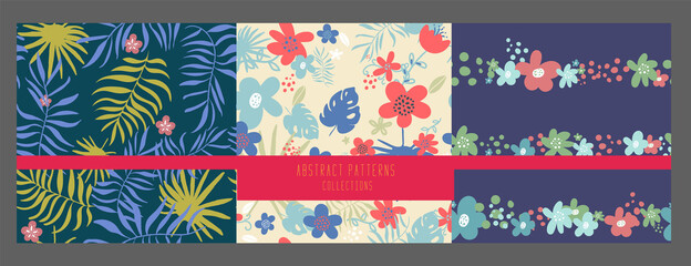 set of seamless pattern with doodle Exotic tropical jungle rainforest frame. green palm leaves tree with parrot monstera leaves flowers. Isolated element. Vector design illustration. hand drawing