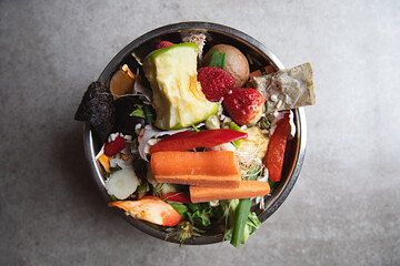 Overhead view of collected kitchen scraps for recycling into gardening compost