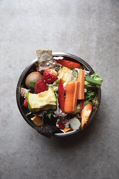 Overhead view of collected kitchen scraps for recycling into gardening compost
