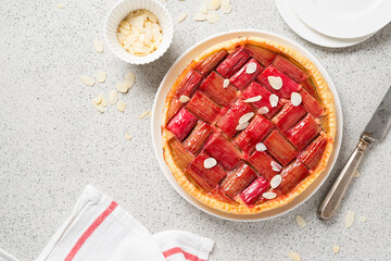Rhubarb Pie or Tart with almonds. Healthy homemade summer dessert, vegan rhubarb pie.