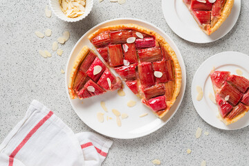 Rhubarb Pie or Tart with almonds. Healthy homemade summer dessert, vegan rhubarb pie.