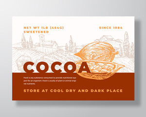 Cocoa Label Template. Abstract Vector Packaging Design Layout. Modern Typography Banner with Hand Drawn Beans and Rural Landscape Background.