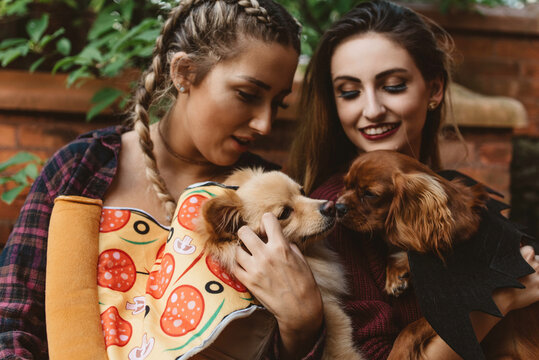 Two female friends in their twenties playing with their dogs outside in autumn