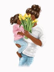 Digital hand-drawn family illustration of a mother with a daughter in the hands with yellow tulips for creating sublimation designs and graphic design
