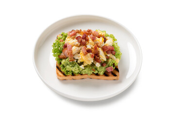Homemade Toast sandwich with avocado, scrambled egg and bacon. isolated on a white background
