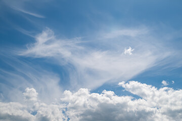 Cloudy sky in windy weather. Blue sky with white clouds. Natural landscape background.