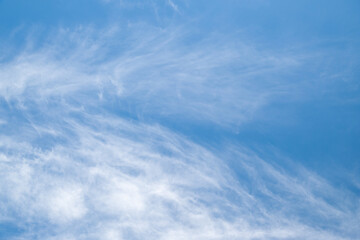 Naklejka na ściany i meble Cloudy sky. White cirrus clouds fly across the blue sky. Natural landscape background.