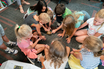 Students on Classroom Floor with Tortoise