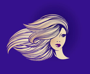 Woman with long, wavy hairstyle and elegant makeup.Hair salon, beauty studio, cosmetics and spa logo.Young beautiful lady portrait.Cute blonde girl face.Vector illustration.