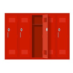 Red Metal Cabinets with One Open Door. Lockers in School or Gym with Handles and Locks. Safe Box with Doors, Cupboard, and Compartment on White Background