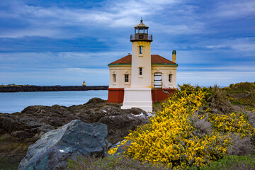 Fototapeta na wymiar Bandon lighthouse with gorsch blossoms on the Coquille river and the Oregon coast at Bandon