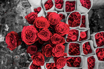 Bouquet of red roses in a shop