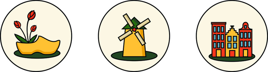 Set of round isolated sticker icons with symbols of Amsterdam, Holland. Windmill, typical dutch architecture, clog with tulips. Cartoon style. Vector.