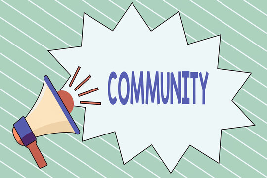 Writing note showing Community. Business concept for group of showing with a common characteristics living together Megaphone with Volume Sound Effect icon and Blank Jagged Scream Bubble