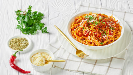 close-up of spaghetti with pork sausages ragout