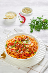 spaghetti with pork ragout, tomatoes, veggies, spices