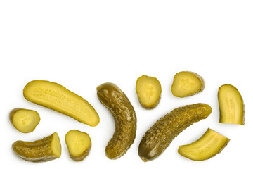 Marinated pickled cucumber isolated on white background with clipping path . Top view with copy space for your text . Flat lay
