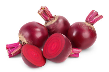 beetroot with half and slice isolated on white background with clipping path and full depth of field