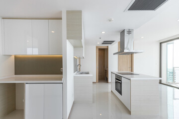 Fototapeta na wymiar Clean white modern kitchen corner in the apartment