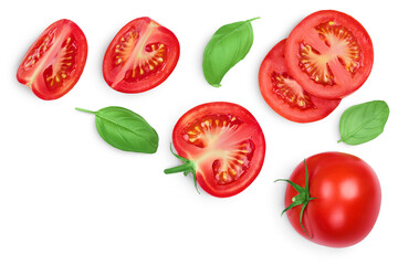 Tomato slices with basil leaf isolated on white background. Clipping path. Top view with copy space for your text. Flat lay