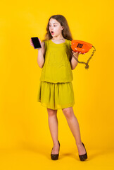 hard choice. success, creativity and innovation. back to basics. talking by retro telephone. Business communication concept. childhood. Small kid having fun. Portrait of business girl in office