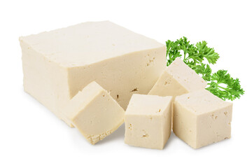Heap of diced tofu cheese isolated on white background with clipping path and full depth of field,