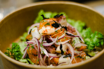 Ceviche mixto peruano, pulpo, salmon, cocina peruana, conina nikkei.