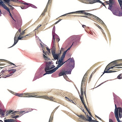 Floral Seamless Pattern on Abstract Background. Hand Painted Illustration.