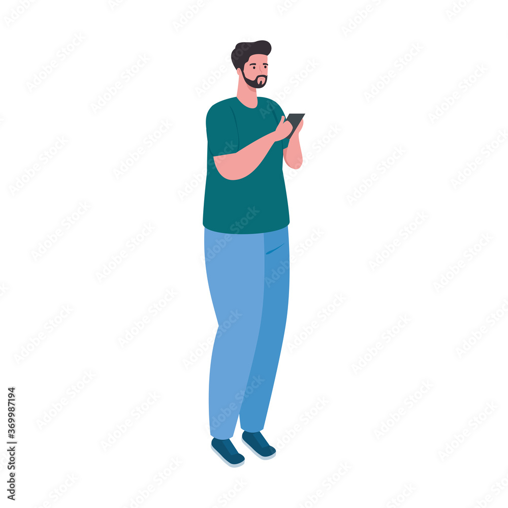 Wall mural man using smartphone, social media and communication technology concept vector illustration design