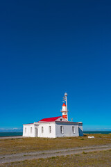 Lighthouse at Strait of Magellan, Punta Delgada, near a ferry into Tierra del Fuego island, Patagonia, Chile, details