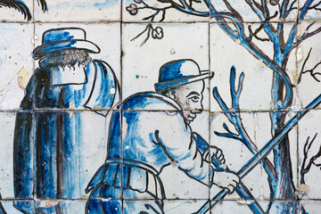 detail of old azulejos in the palace gardens of the Marquis de Fronteira in Lisbon, Portugal