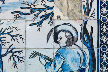 detail of mythological azulejos on the walls of The Palace of the Marquesses of Fronteira in Lisbon, Portugal
