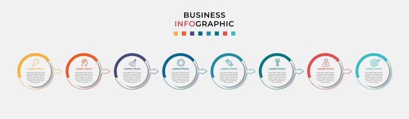 Business Infographic design template Vector with icons and 8 eight options or steps. Can be used for process diagram, presentations, workflow layout, banner, flow chart, info graph