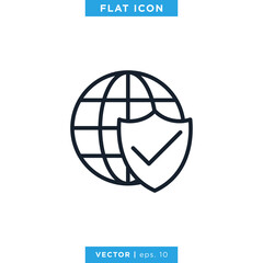 Internet Protection Icon Vector Design Template. Globe and Shield Symbol. Editable Stroke.