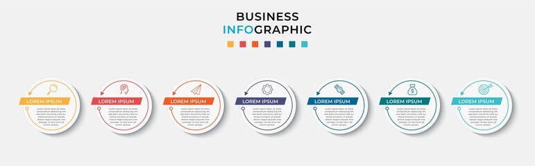 Business Infographic design template Vector with icons and 7 seven options or steps. Can be used for process diagram, presentations, workflow layout, banner, flow chart, info graph