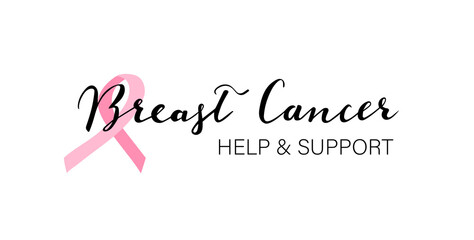 Breast Cancer help and support hand lettering with pink ribbon vector 