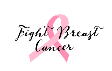 Fight breast cancer hand lettering with pink ribbon vector 